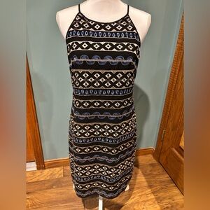 White House Black Market Geometric Black and Blue Midi Dress